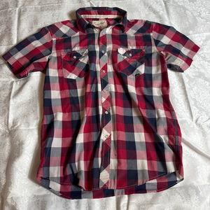Men's Coastal Plaid Casual Button Down Shirt L Red Blue